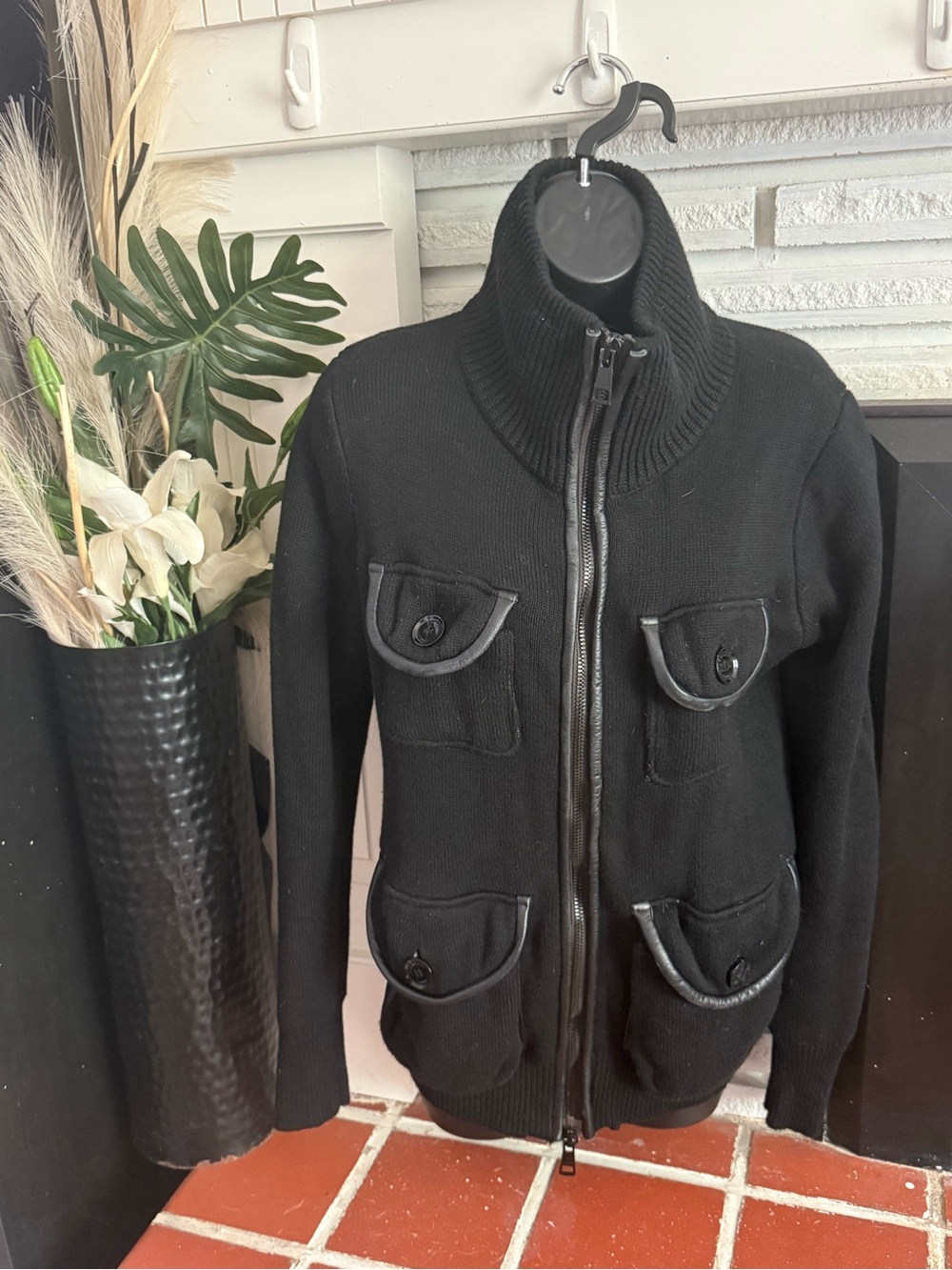 Burberry Black Knit Zip-Up Sweater Jacket with Flap Pockets - Size M